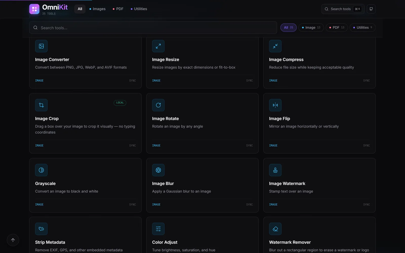 The tool grid, searchable and filtered by kind